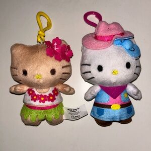 2 Sanrio Tan Hello Kitty Plush Keychain Set Brown Hula Hawaii Cow Girl